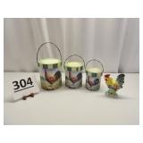 3 Cardboard Rooster Containers & Rooster Figurine