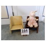 2 Wood Child's / Doll Chairs & Stuffed Pig