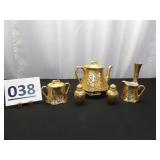 Weeping Gold Tea Pot, Vase, Salt & Pepper Set