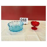 Fostoria Coin Glass Blue Bowl & Red Candy Dish
