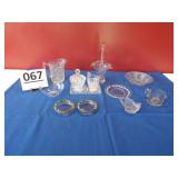 Clear Glass Pitcher, Basket, Sugar, Creamer, Bowls