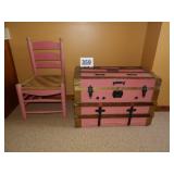 Trunk & Woven Rush Seat Wood Chair in Pink Paint