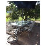 Glass Top Patio Table, Chairs & Umbrella