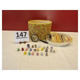 Sewing Box & Thimbles (Some Adv. Thimbles)