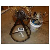 Hanging Light, Elec. Wire & Bucket of Scrap