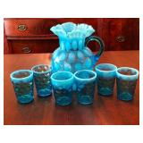 Blue Opalescent glass pitcher and glasses