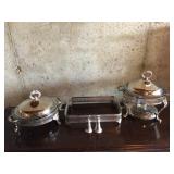 SILVER-PLATED DISH HOLDERS AND SALT AND PEPPER
