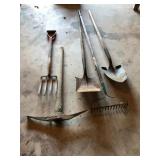 shovels, garden fork, pickaxe, rake