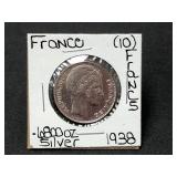 Silver 1938 France 10 Francs