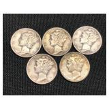 5 Silver Mercury Dimes