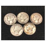 5 Silver Mercury Dimes