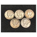 5 Silver Mercury Dimes
