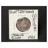 Silver 1911 Switzerland 1 Franc