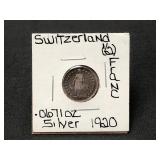 Silver 1920 Switzerland 1/2 Franc