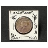 Silver 1929 Luxembourg 5 Francs