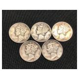 5 Silver Mercury Dimes