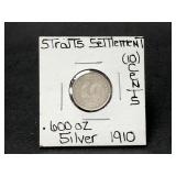 Silver 1910 Straits Settlement 10 Cents