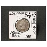 Silver 1951 Dominican Republic 25 Centavos