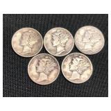 5 Silver Mercury Dimes