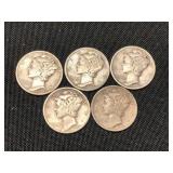 5 Silver Mercury Dimes