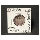 Silver 1887 Bolivia 20 Centavos
