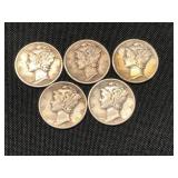 5 Silver Mercury Dimes