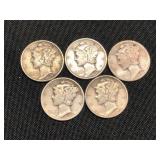 5 Silver Mercury Dimes