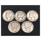 5 Silver Mercury Dimes
