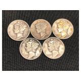 5 Silver Mercury Dimes