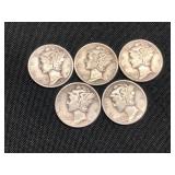 5 Silver Mercury Dimes