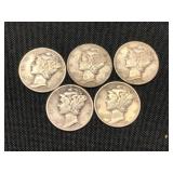 5 Silver Mercury Dimes