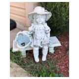 little girl and basket Garden statue and bench