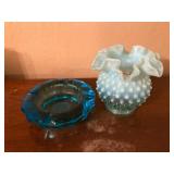 Blue opalescent hobnail vase &Fostoria glass ashtr
