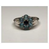 STERLING SILVER AQUAMARINE & SAPPHIRE RING (SIZE 1