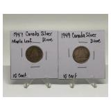 1947, 1949ÂCANADIAN SILVER DIMES