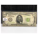 1934 LIME GREEN SEAL $5 NOTE
