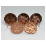 (5) 1 Troy oz .999 Copper Rounds