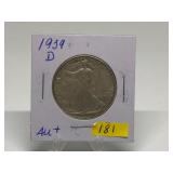1939-D Walking Liberty Half Graded AU+