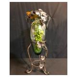Art Glass Vase with Grapes on Metal Stand