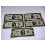 (5) 1953 $2 Red Seal Notes