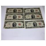 (6) 1953-A $2 Red Seal Notes