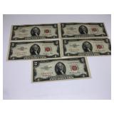 (5) 1953 $2 Red Seal Notes