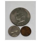 1977-D Ike Dollar, 1964-D Nickel & 1911 Penny
