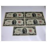(5) 1953-A $2 Red Seal Notes