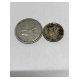 1920 Mercury Dime 90% Silver & 1960 Canada Qtr