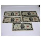 (5) 1953 $2 Red Seal Notes