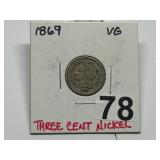 1869 Three Cent Nickel Graded VG