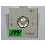 1943-D Mercury Dime Graded MS63