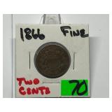 1866 Two Cent Piece Graded F