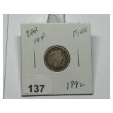 1892 Barber Dime Graded F
